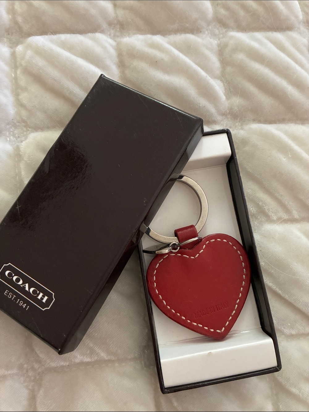 Coach Red Leather Heart Key Ring with Silver Hardware